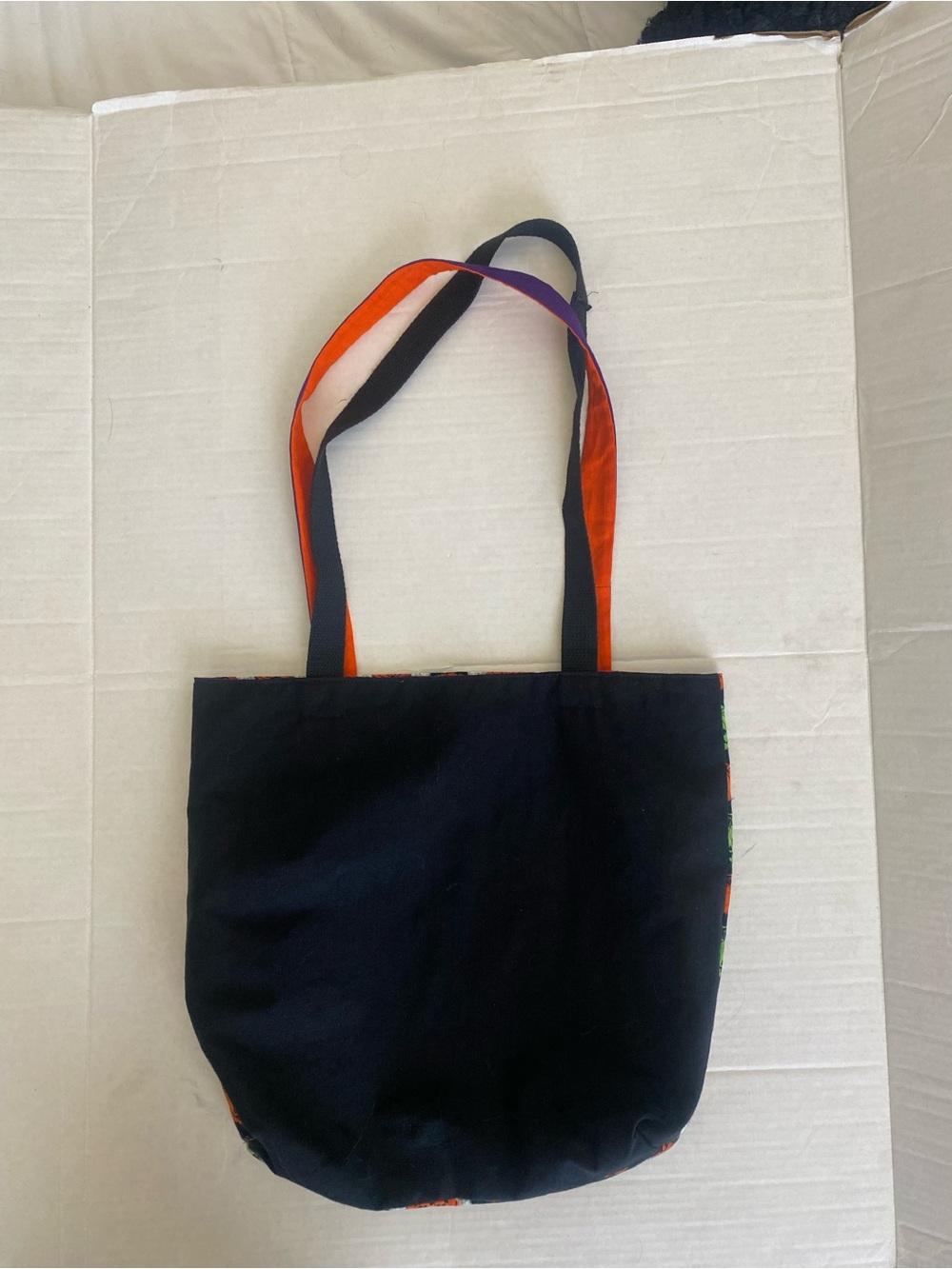 Handmade Upcycled Halloween Pumpkin Print Tote Bag in Orange, Purple & Green - Picture 2 of 6